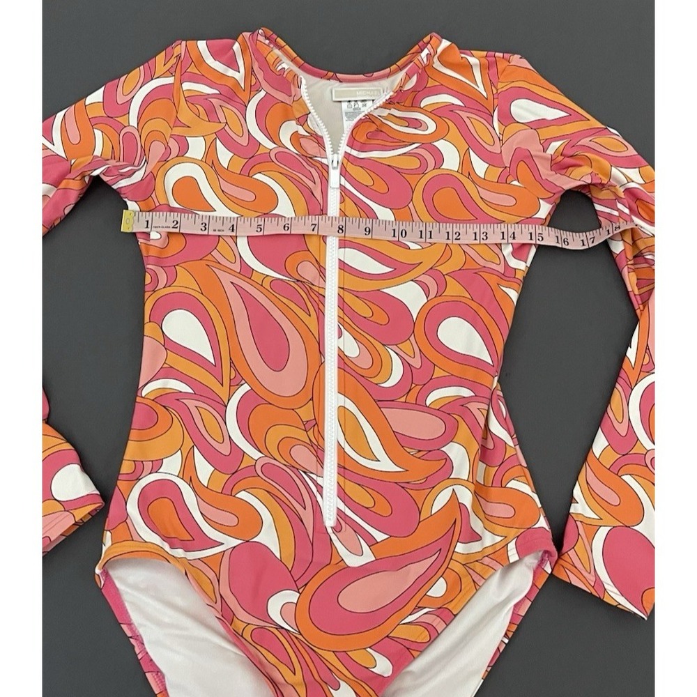 Michael Kors Front Zip Long Sleeve One Piece Swimsuit Women 12 Retro Pink Orange - Picture 7 of 9
